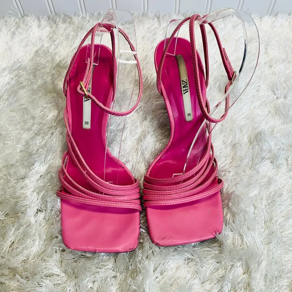 PINK Zara Strappy Heels Wrap Ankle Strap Sz 39 8.5 Scuffed Heels - Picture 3 of 9